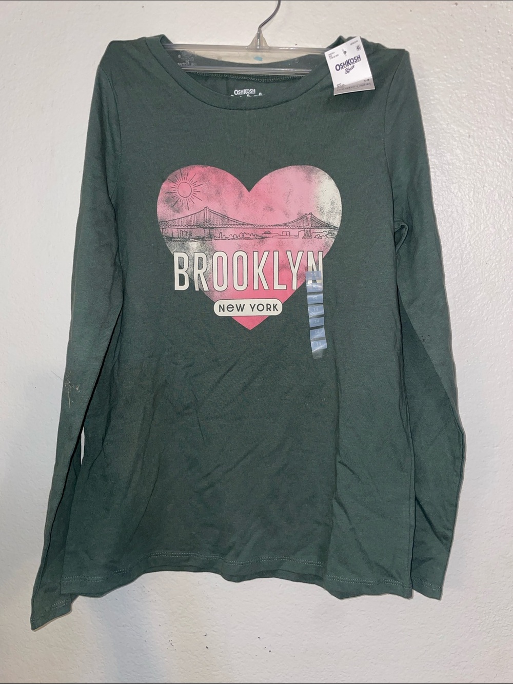 OshKosh B'gosh Forest Green Long Sleeve Tee with Pink Heart Brooklyn Graphic